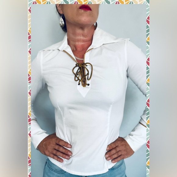 Vintage Cache Y2K Jacobite White Long  Sleeve Wide Collared Shirt Sz S - Picture 1 of 9